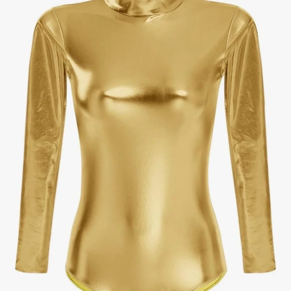 Elegant Gold Zipper Bodysuit Long Sleeve Metallic Leotard - Picture 2 of 6